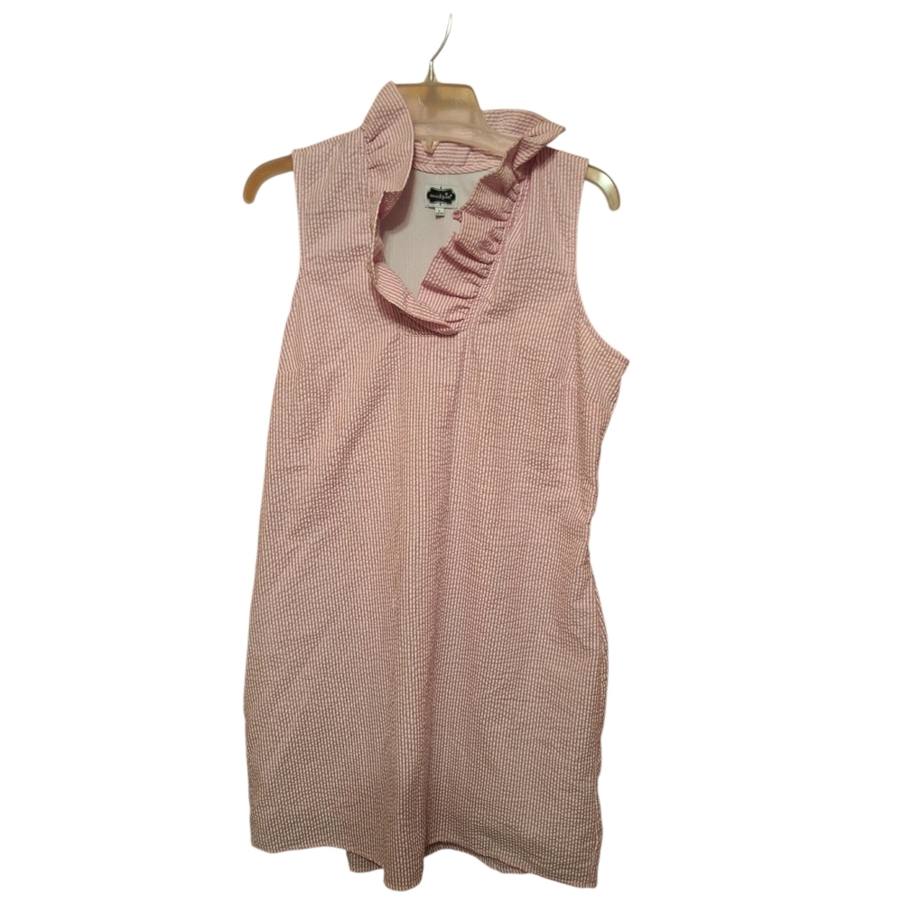 Mud Pie Seersucker Sailor dress Sleeveless Pink White Ladies Large 12/14 Striped
